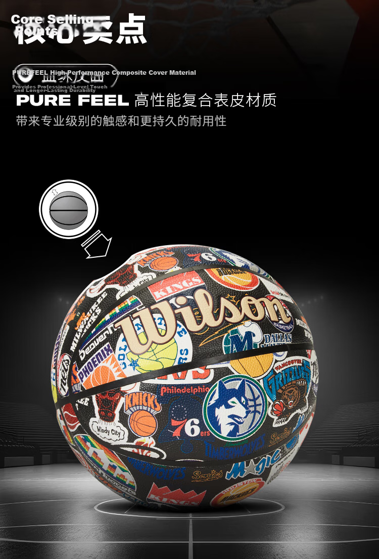 Wilson NBA Retro Full Team Logo High Performance Leather Basketball, Indoor And Outdoor Use, Adult Size 7, Gift Idea 4