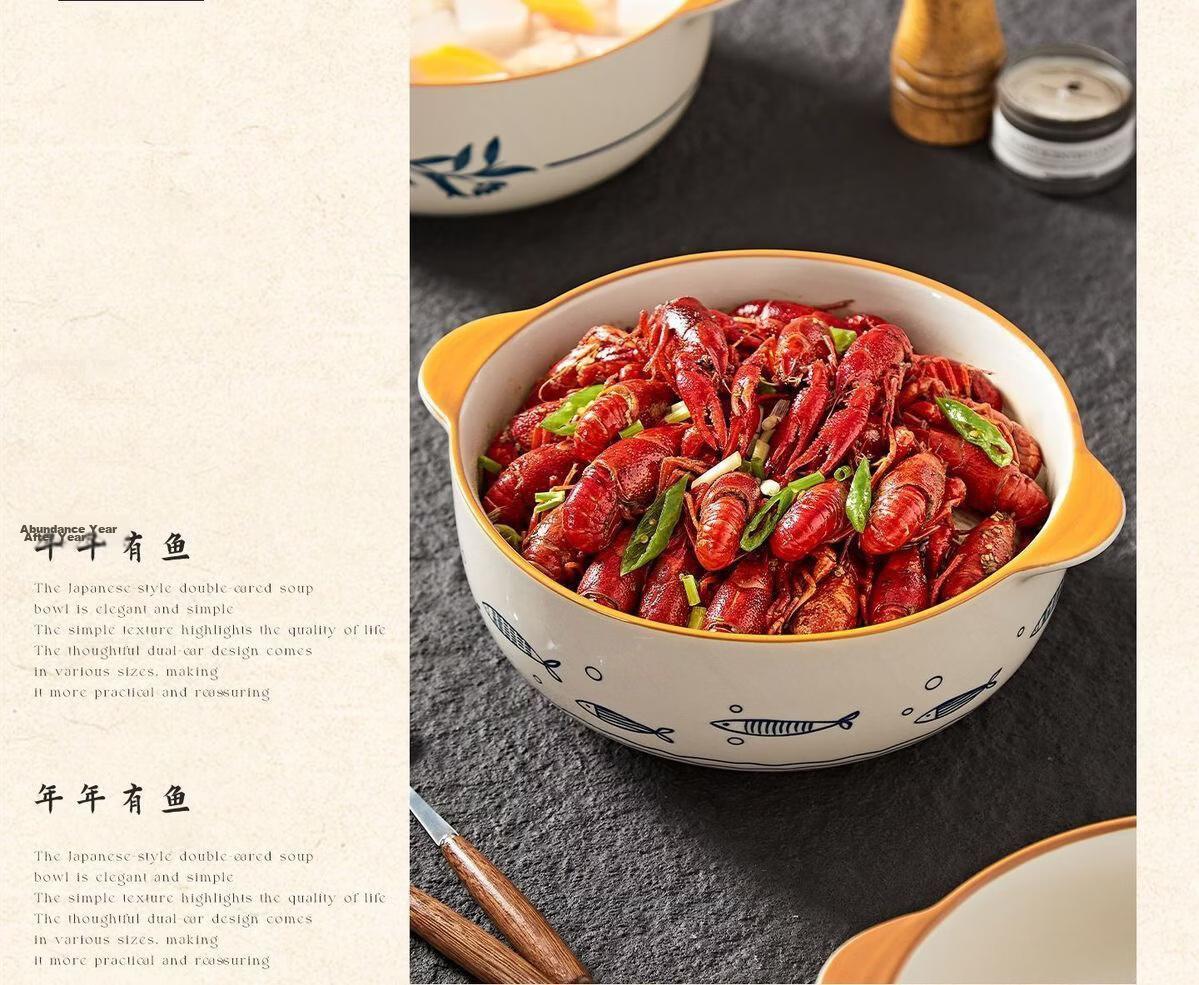 Chuanqi 7-Inch Double-Handle Lidded Ceramic Soup Bowl Large Capacity Household Soup Bowl Morning Glory Design 8