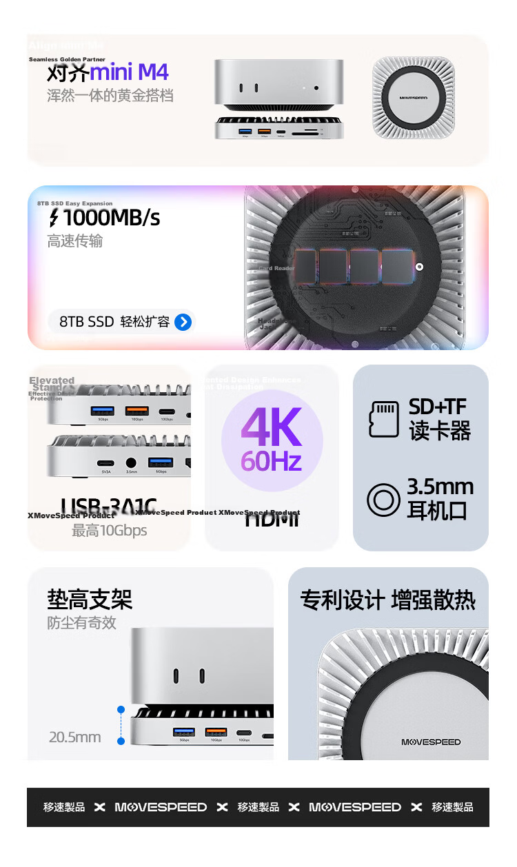 MOVE SPEED Macmini M4 Docking Station SSD External Hard Drive Enclosure Cooling Base Expansion Dock 10G Transmission Openclaw Lobster Robot 3