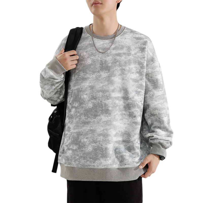 Foss Phil Men's Sweatshirt, Spring And Autumn Long-Sleeve Tie-Dye Vintage Base Layer Camouflage Round Neck Top, 8920 Camouflage Gray, 3XL