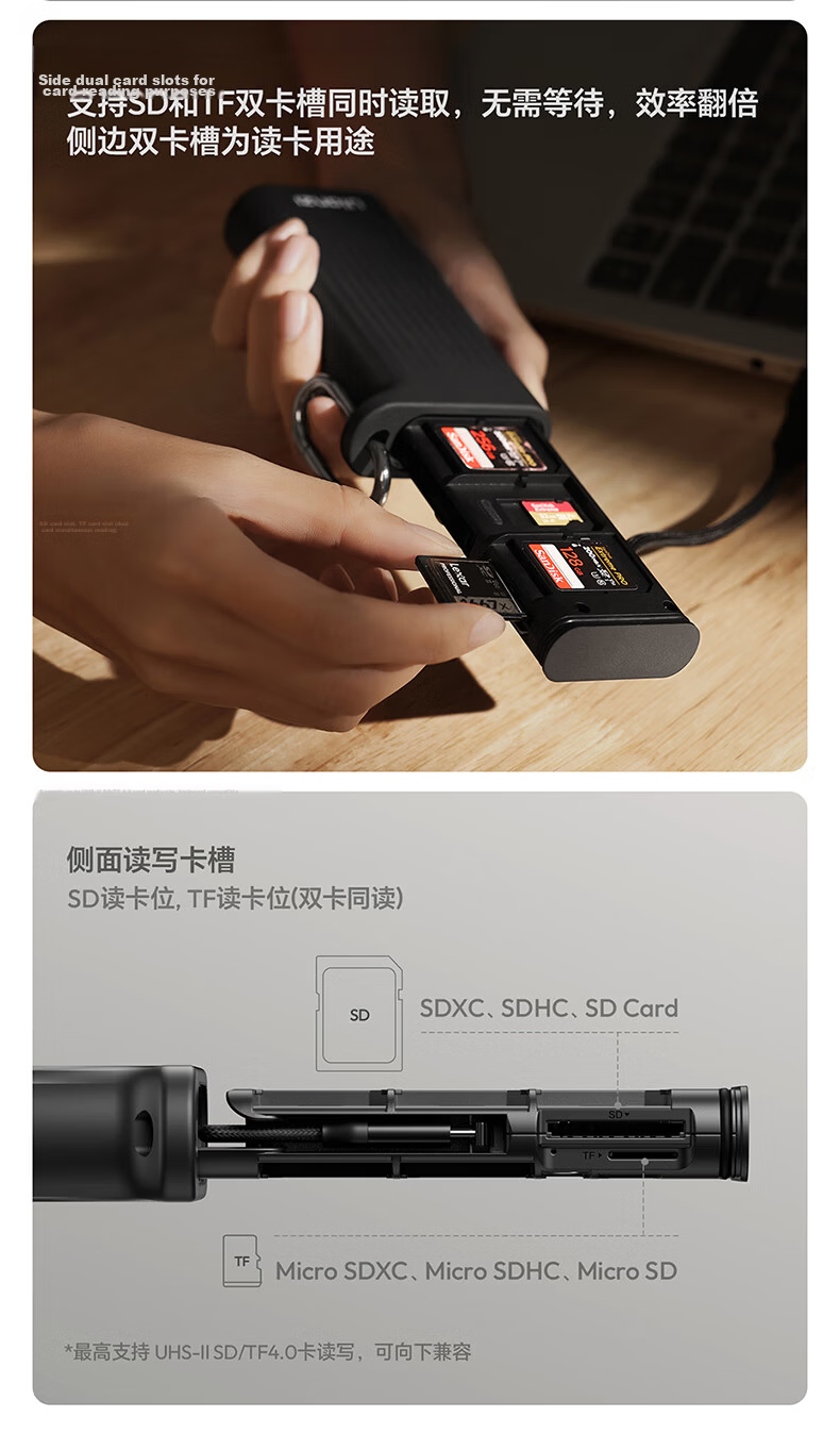Ulanzi CR1 Three-In USB/Type-C Card Reader 3.1 High-Speed SD/TF Compatible with Computers, Tablets, Smartphones, Action Cameras, Drones, CCD Surveillance Storage Cards 4
