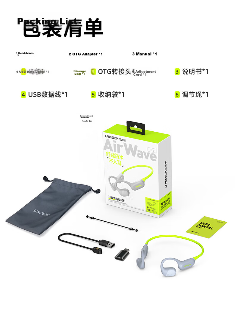 Lanshidun AirWave Pro Open-Style Bluetooth Headphones, Wireless Bone Conduction Concept, Sports Earphones for Running And Cycling, Not In-Ear, Suitable for Apple And Huawei, Lightning Gree 14