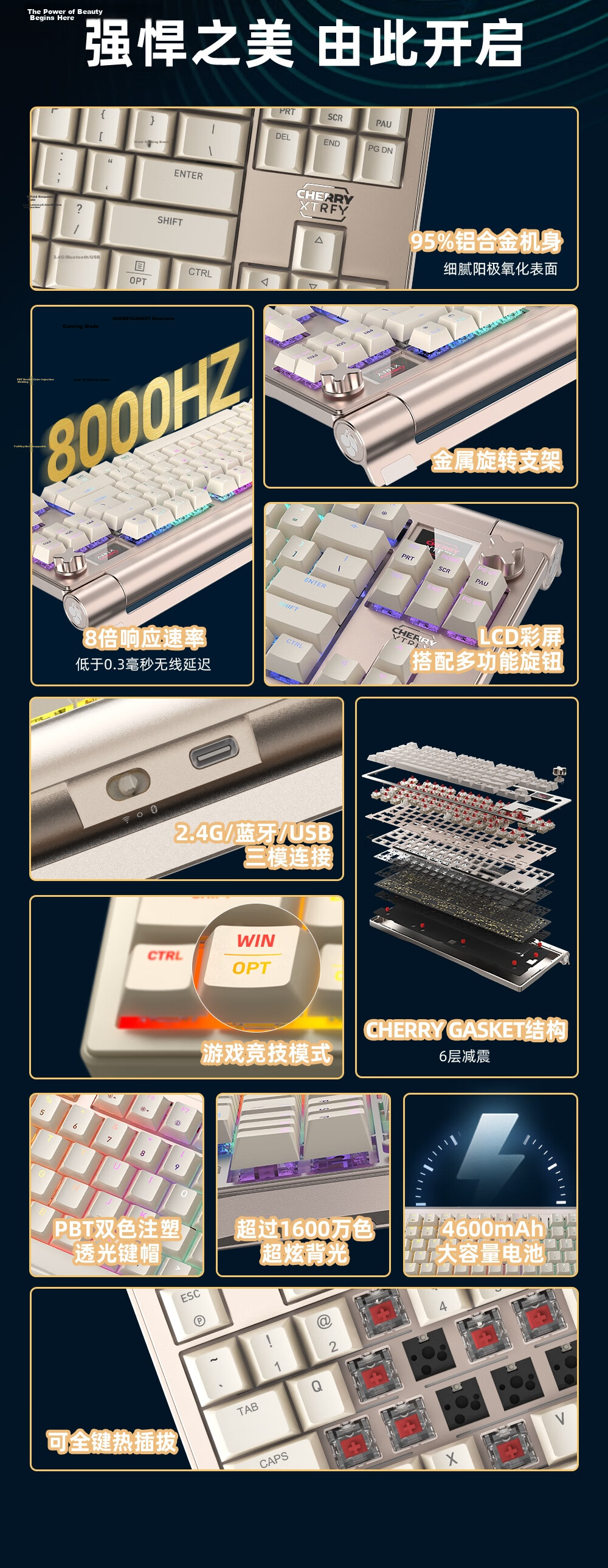CHERRY MX8.3 Wireless Mechanical Keyboard 8K Report Custom Hot-Swappable RGB Bluetooth Tri-Mode 84-Key Aluminum Compatible with WIN/MAC Gaming 5