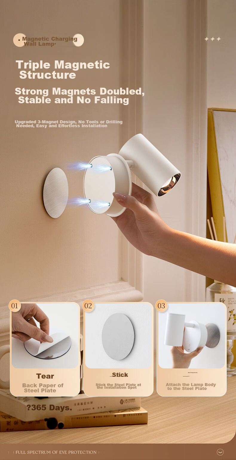ONEFIRE Remote Control Bedside Lamp, Wall Light for Bedroom, Rechargeable Spotlight, Magnetic Wall-Mounted Desk Lamp, Reading Light, No Wiring Required, Small Night Light 5