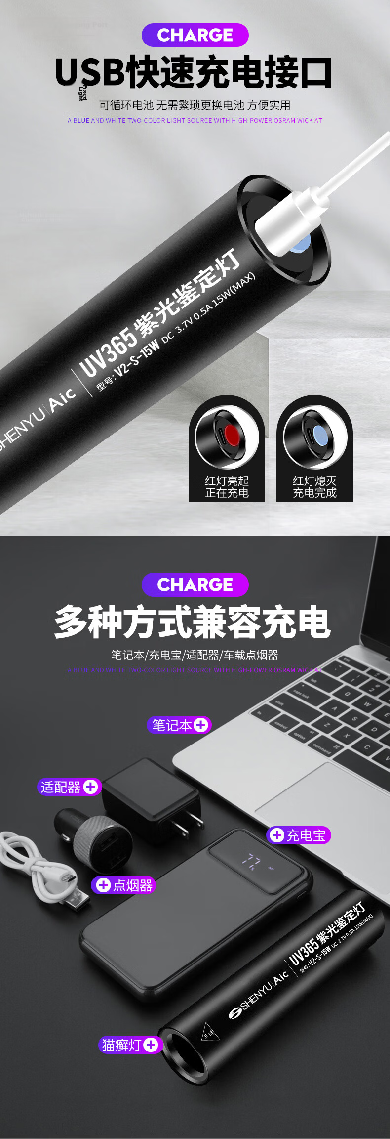 SHENYU Wood's Lamp Cat Ringworm Fluorescence Detection UV Blacklight Purple Light Ultraviolet 365nm Flashlight for Cat Urine and Fungi 11