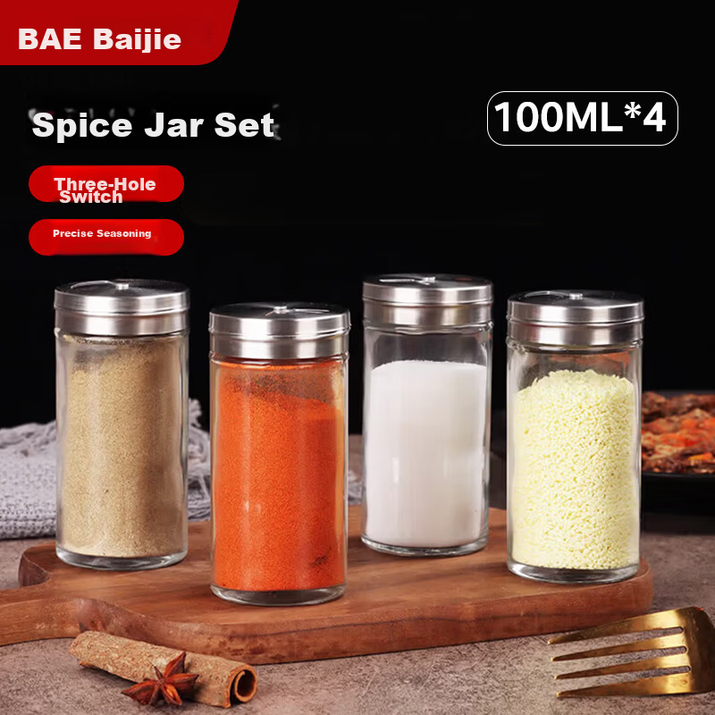 Baijie 100ml Spice Bottles Set of 4 Salt Shaker BBQ Seasoning Bottles Pepper Powder Container Sichuan Pepper Spice Jar Seasoning Box