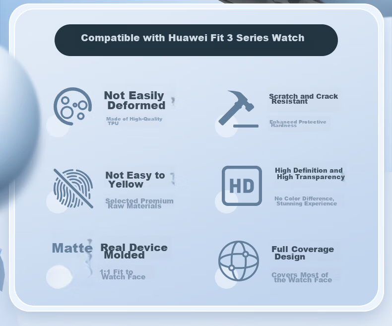 Iboann Ultra Case for Huawei Fit3 Watch, Compatible with Watch Fit3 Protective Case, Watch Strap, Screen Protector, All-In Huawei Fit3 Tempered Glass Film, Full Protection Anti-Drop Original Clear Accessories Case 3