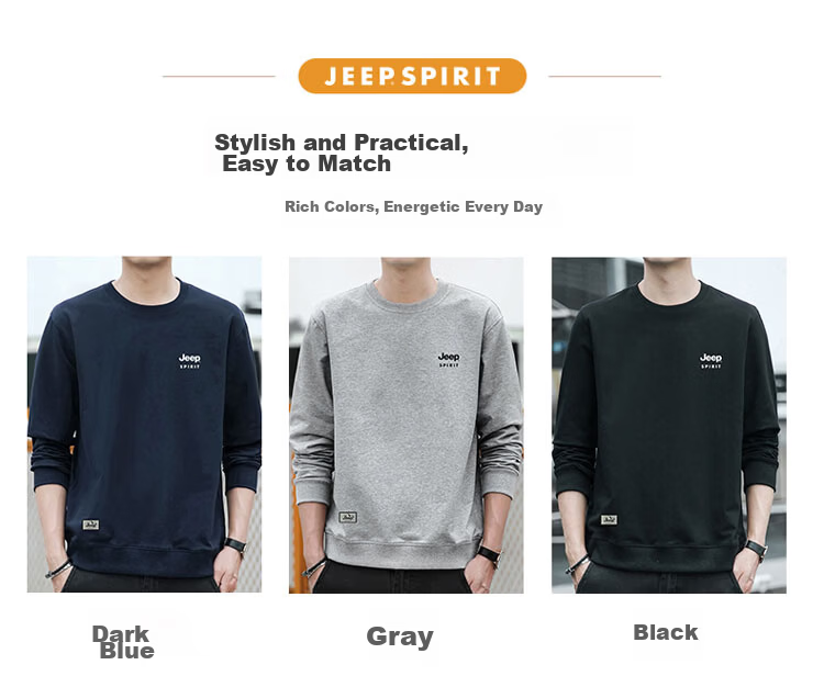 JEEP SPIRIT Men's Sweatshirt, Spring Korean Style Round Neck Loose Fit Versatile Long Sleeve Base Layer, Gray, L 4