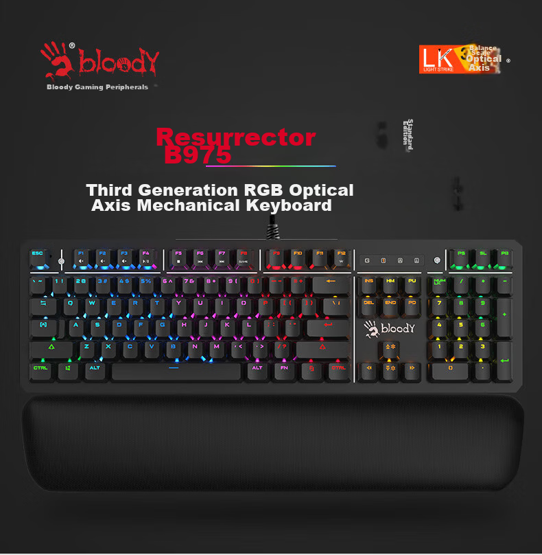 A4TECH B975 104-Key Mechanical Wired Gaming Keyboard Bloodhand Ghost Optical Switch Gunshot Edition Black 1