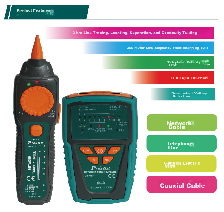 Pro'sKit MT-7028-C Audio Network Cable Tester Telephone Network Line Tracker Tester 3