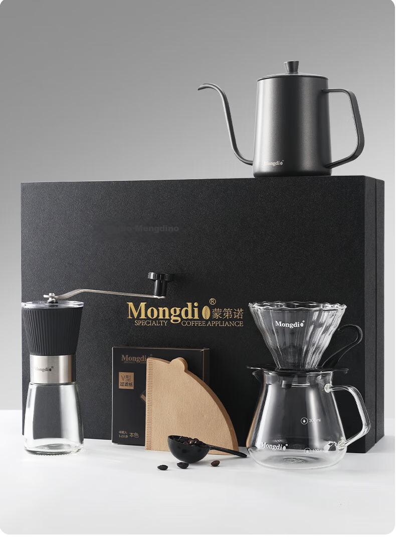Mongdio Manual Pour-Over Coffee Maker Set with Hand Grinder, Coffee Mill, Coffee Pot, 6-Piece Gift Box Set 19