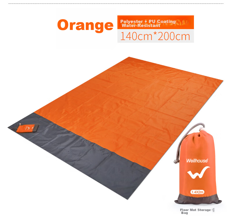 WELLHOUSE Beach Grass Outdoor Picnic Mat, Foldable Storage Bag with Ground Stakes, Moisture-Proof Mat, Orange-Gray Color, 2.1*2m, Floor Sleeping Mat 11