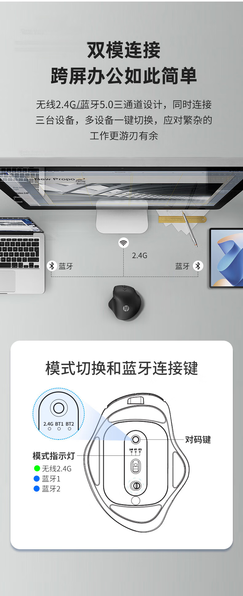 HP Engineer Ergonomic Mouse for Small And Medium Hands, Women's Mouse, Milk Tea Color, Wireless Bluetooth Dual-Mode Office, 4000DPI Blue Shadow Sensor PAW3220 8