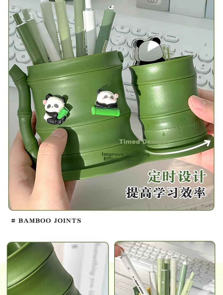 Youth Companion 360° Rotating Pen Holder Desktop Ornament Essential Back-to-School Kids Office Desk Organizer Creative Cute Panda Bamboo Timer Model with Timing Function 8