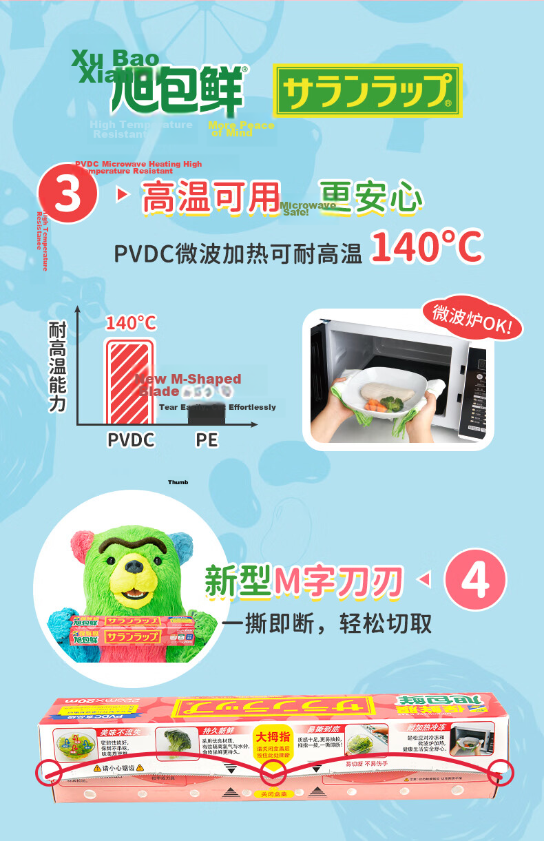 Xubao Fresh Food Grade PVDC Cling Film High Temperature Resistant Microwave Safe 30cm x 20m 3-Pack Large Roll for Home Use 4