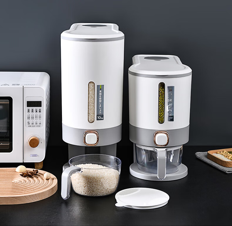 JEKO&JEKO Rice Storage Container, Insect-Proof And Moisture-Proof, Food-Grade Sealed Automatic Rice Dispenser, Rice Bin Storage Box, Light Gray, 20 Jin Capacity 15