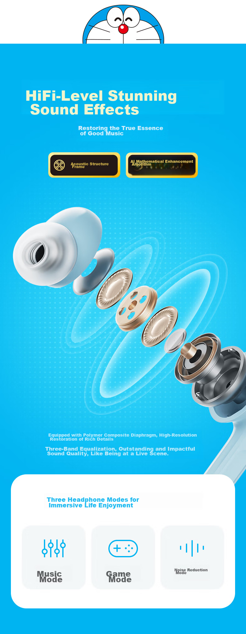 ROCK Doraemon Touchscreen Bluetooth In-Ear Earphones Soft Earplugs Noise Cancelling Call Long Battery Life Lossless Sound Sports Gaming Valentine's Day Gift for Men and Women 7