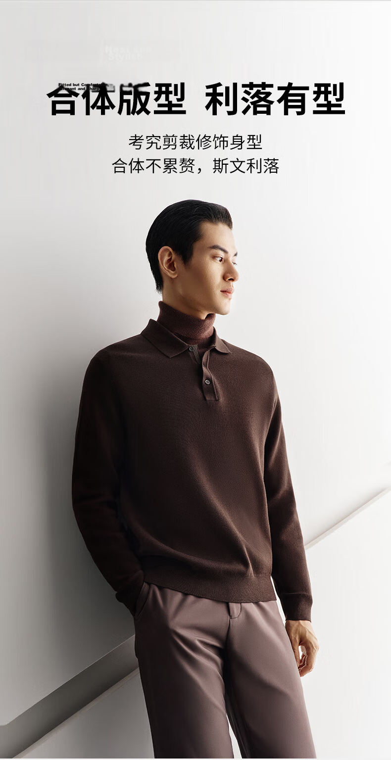 Goldlion Wool Blend Autumn Winter Long Sleeve Knit Sweater Men Solid Color Fashion Textured Pullover Blue Gray XL 6