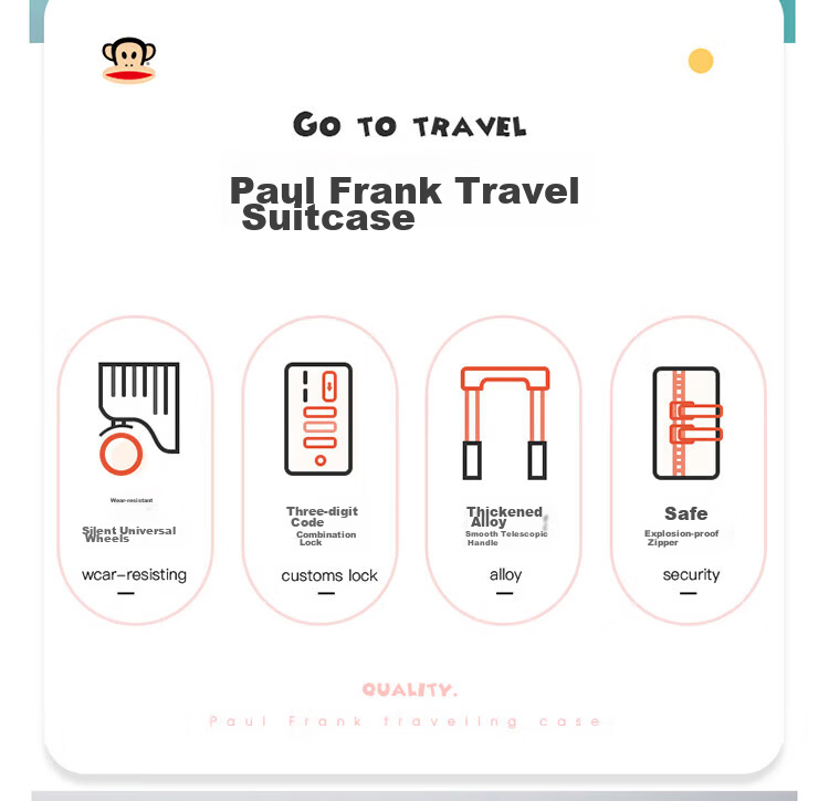 Paul Frank Suitcase, Men's Travel Luggage, 26-Inch Trolley Case, Women's Quiet Spinner Wheels, Leather Case, Large Capacity, Zipper Lock 3