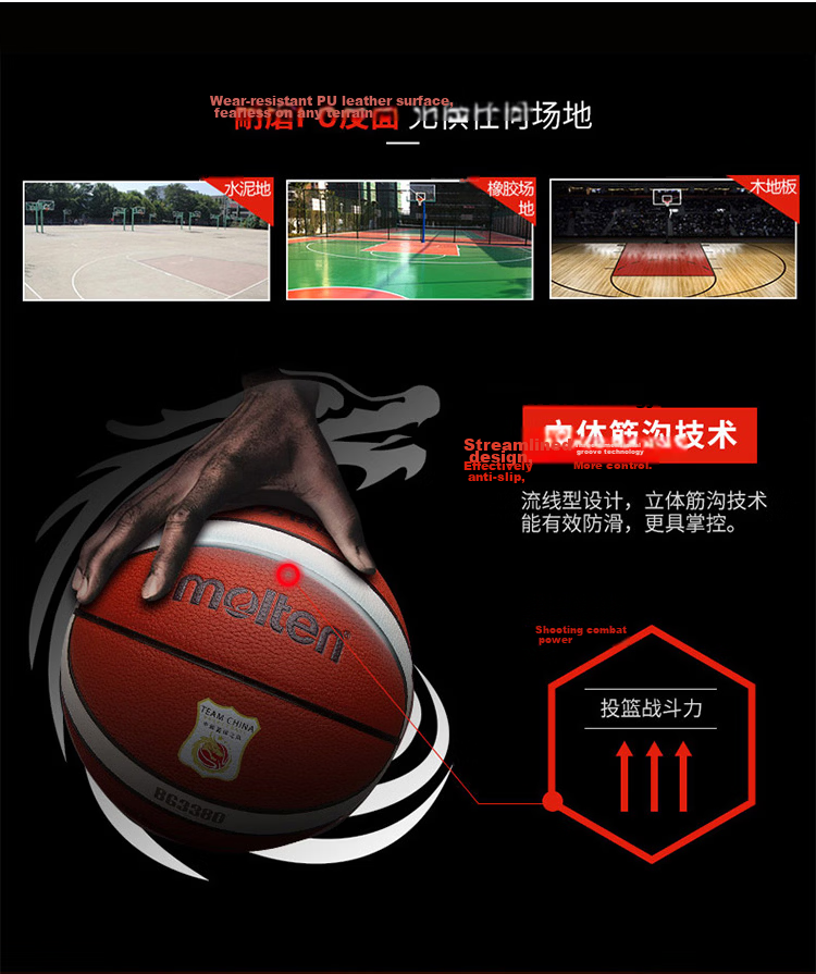 Molten No. 7 Basketball B7G3360-YT, Moisture-Absorbing PU, International Basketball Federation (FIBA), China Youth Training Team, Men's Standard BG3360 4