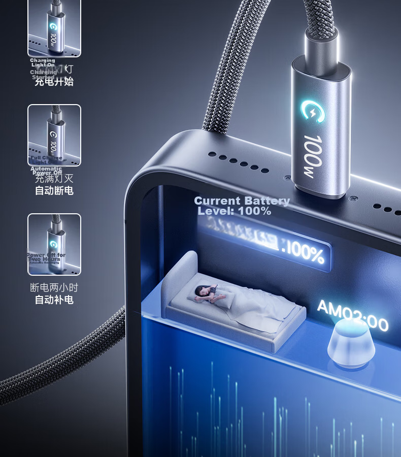 Baseus Dual-Head Type-C Smart Power-Off Charging Cable PD100W Super Fast Charging Data Cable for Huawei Honor Xiaomi Apple iPhone 17/16/15 iPad Laptop 2m Blue 5