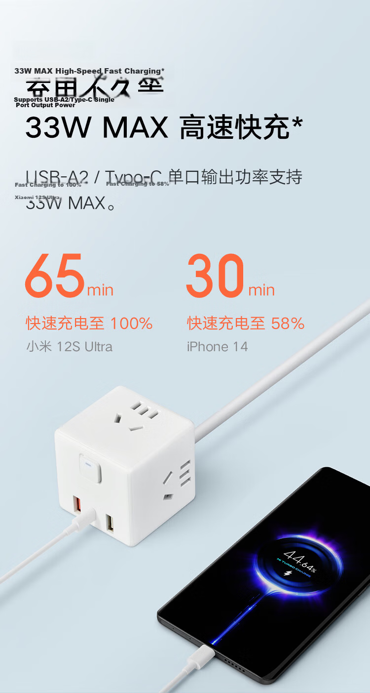 MI Mijia Cube Converter/wireless USB Socket/power Strip/outlet Strip/power Bar/extension Cord with 3 USB Ports Compatible with MI Band 17/watch/Redmi K90 2