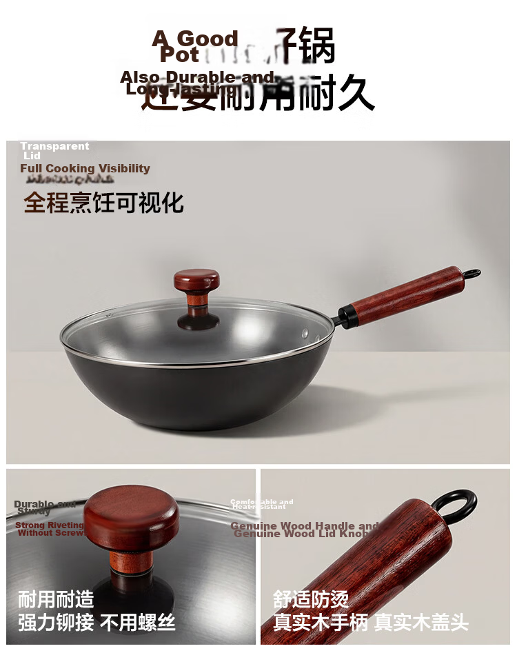 JD Original Cast Iron Wok, Iron Pan for Stir-Frying, Compatible with Induction And Gas Stoves [Healthy Non-Coated] 32cm with Lid 16