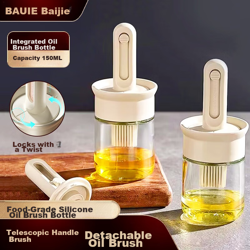 Baijie Silicone Retractable Oil Brush Bottle Food Grade Oil Brush Pancake BBQ Basting Brush Oil Dispenser Seasoning Bottle