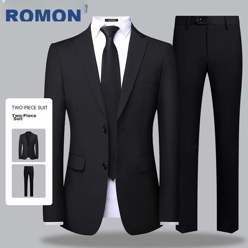 ROMON Men's Suit Set Blazer Professional Slim Fit Casual Groom Black M