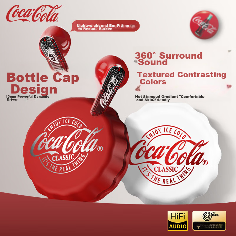 Coca-Cola T13 Bottle Cap Bluetooth Earbuds Semi-In-Ear ENC Call Noise Cancelling Long Battery Life Gaming Sports True Wireless Earphones 2026 Latest for Men Women Students Gift