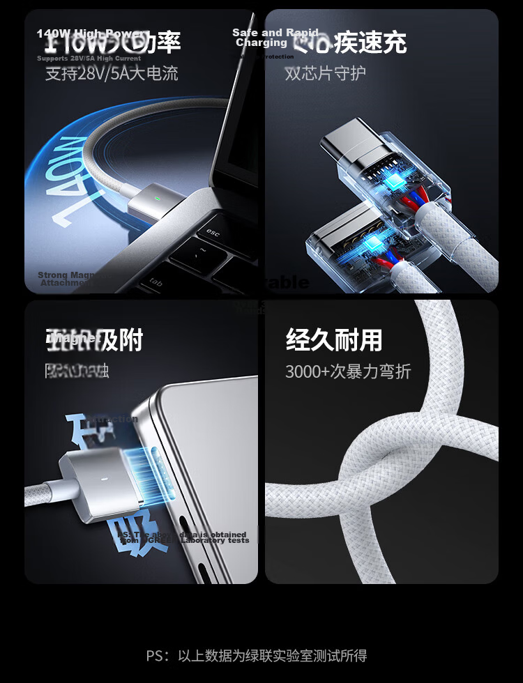 UGREEN 140W Magnetic Fast Charging Cable for Apple MacBook, Magsafe 3 Power Cable, Type-C to T-shaped Connector, 2m, Silver 3