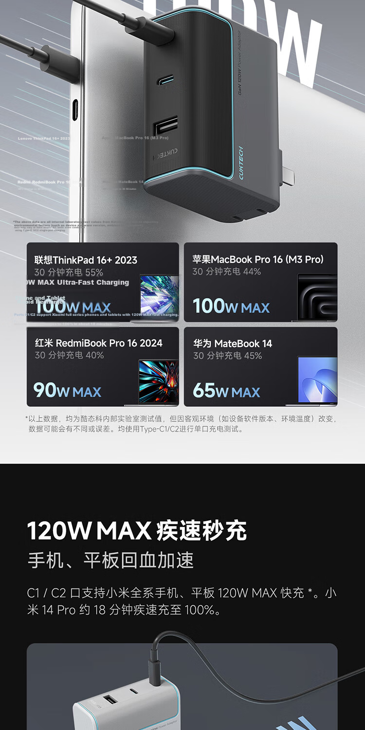 CUKTECH Kuotai Ke No. 10 Gallium Nitride Super Flash Charging Block SE120W/100W Charger with Three Ports PD Fast Charging Head Compatible with Apple 17 Xiaomi Samsung Phones/tablets/laptops 3