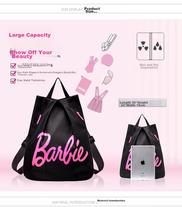 Barbie Swim Bag Wet and Dry Separation Unisex Fitness Sports Beach Bag Waterproof Backpack Black 4