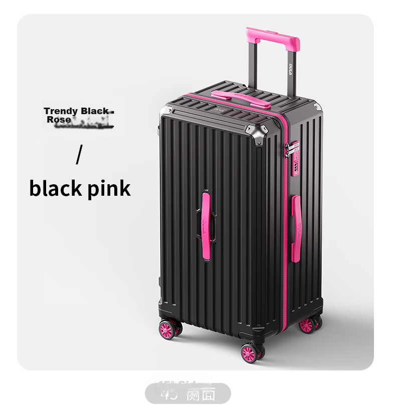 DULA Five-Wheel Large Capacity Suitcase with Cup Holder, Travel Luggage, Charging Trolley Case, Password Lock, Leather Suitcase, Glossy Black, 24 Inches 36