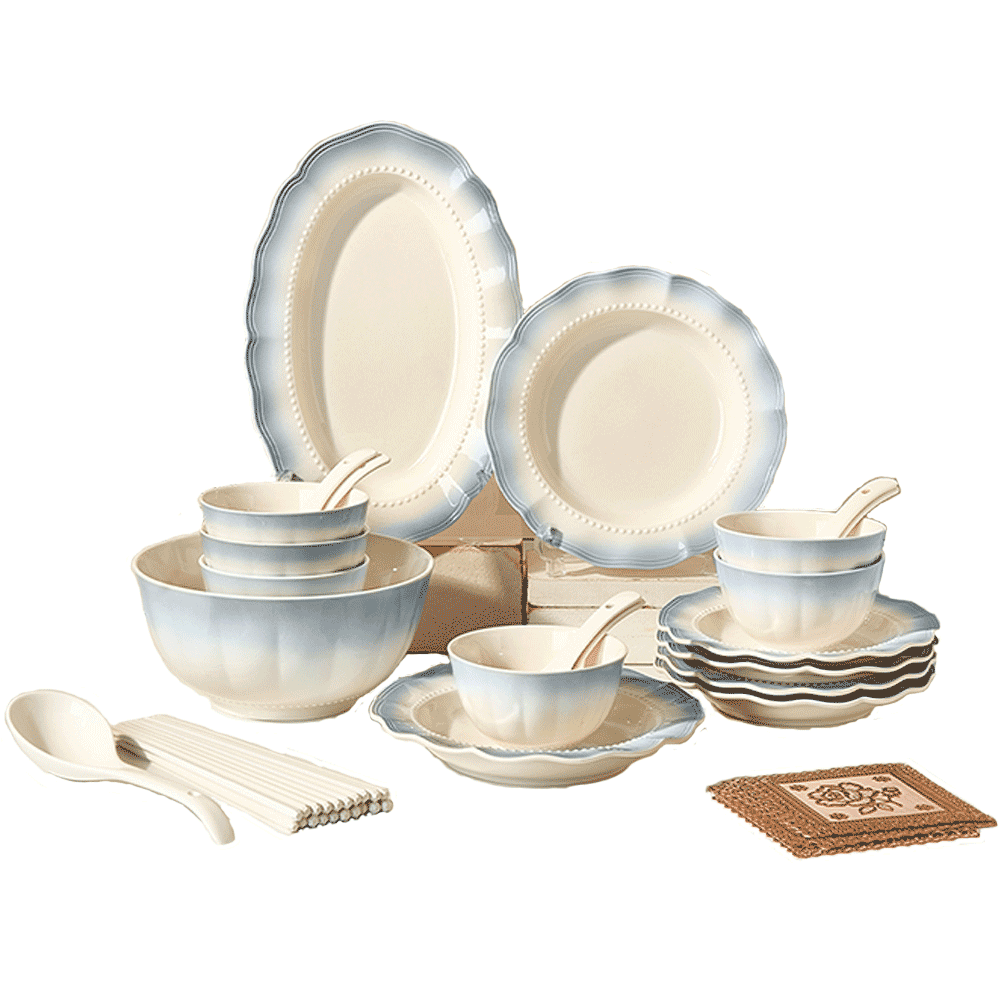 Ink Color French Style Tableware Set Home High-Value Underglaze Color Bowls and Plates 37-Piece Gift for Housewarming