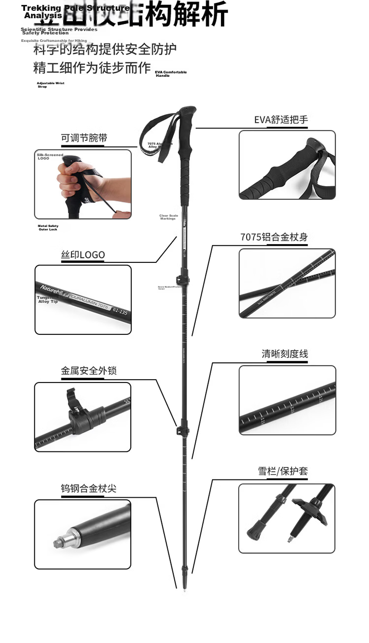 Naturehike Nokpro Outdoor Aluminum Alloy Trekking Poles External Lock Telescopic Hiking Sticks for Men and Women Black 5