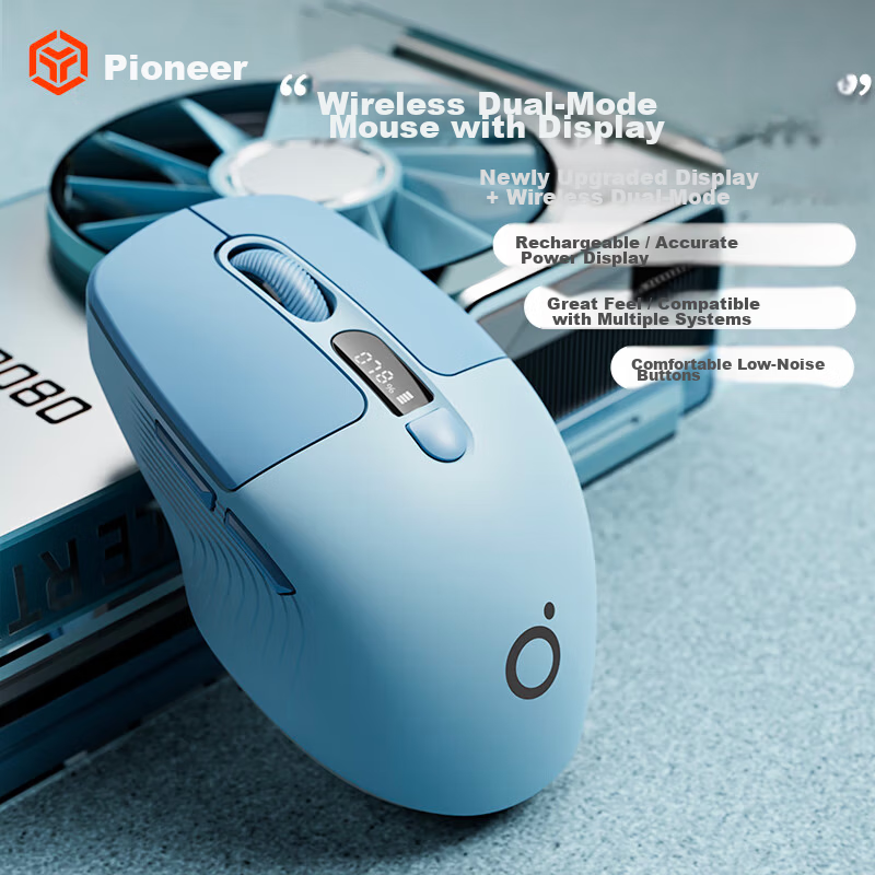EWEADN Q1 Wireless Bluetooth Dual-Mode Rechargeable Mouse with Display, Low Noise, Compact Portable Ergonomic Design for Office, High Aesthetic, Compatible with PC, Laptop, iPad - Cream Gray