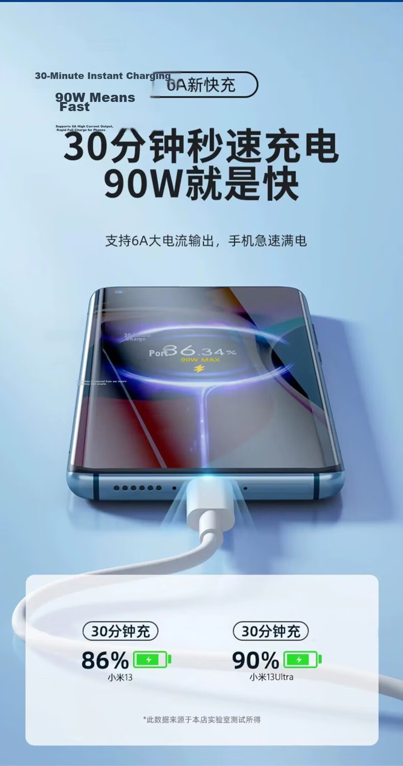 Yingqian Suitable for Xiaomi Data Cable Charging Cord, 90W/120W/6A Fast Charging, 3 Meters, 17/15/14/13, Redmi Turbo 3/4/Note14/k80, 605040/pro 4
