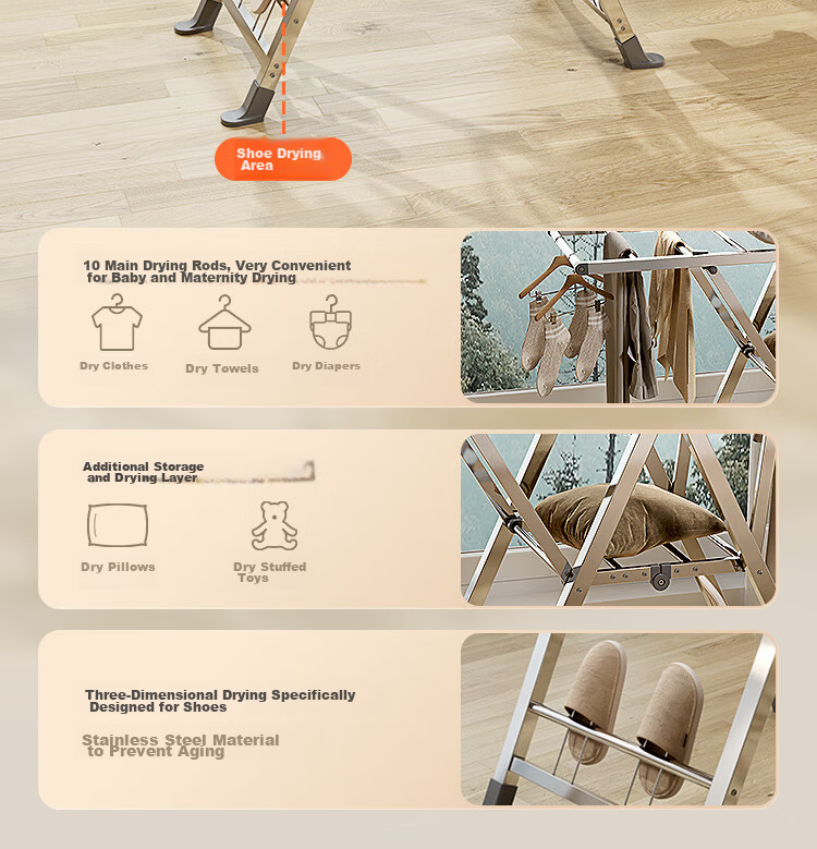 JD Jingzao Floor Clothes Drying Rack Foldable Stainless Steel Wing-Shaped Adjustable 3-Level Height Clothes Hanger 8
