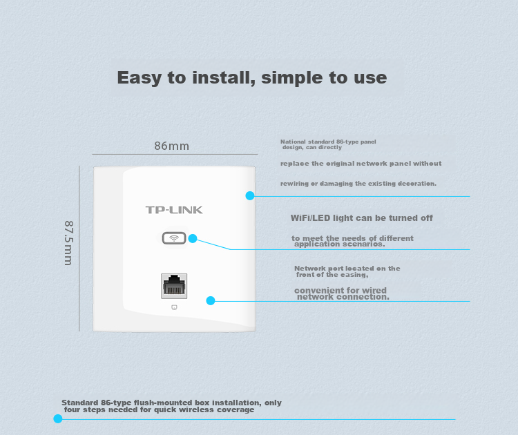 TP-LINK 1200M 5G Dual-Band Wireless Panel AP Router 86 Type Enterprise Villa Whole House WiFi POE Powered AC Managed AP1202I-PoE Slim Deep Space Silver 8