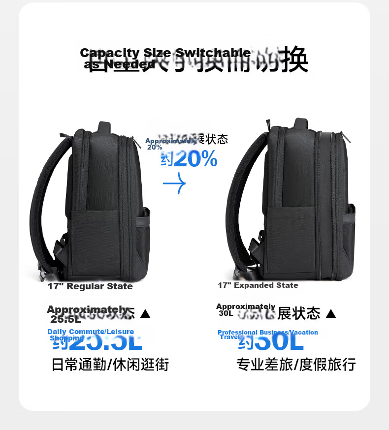 Hanke 30L Expandable Laptop Backpack 17-inch Classic Black Unisex Travel Commuter Business Large Capacity School Bag 14