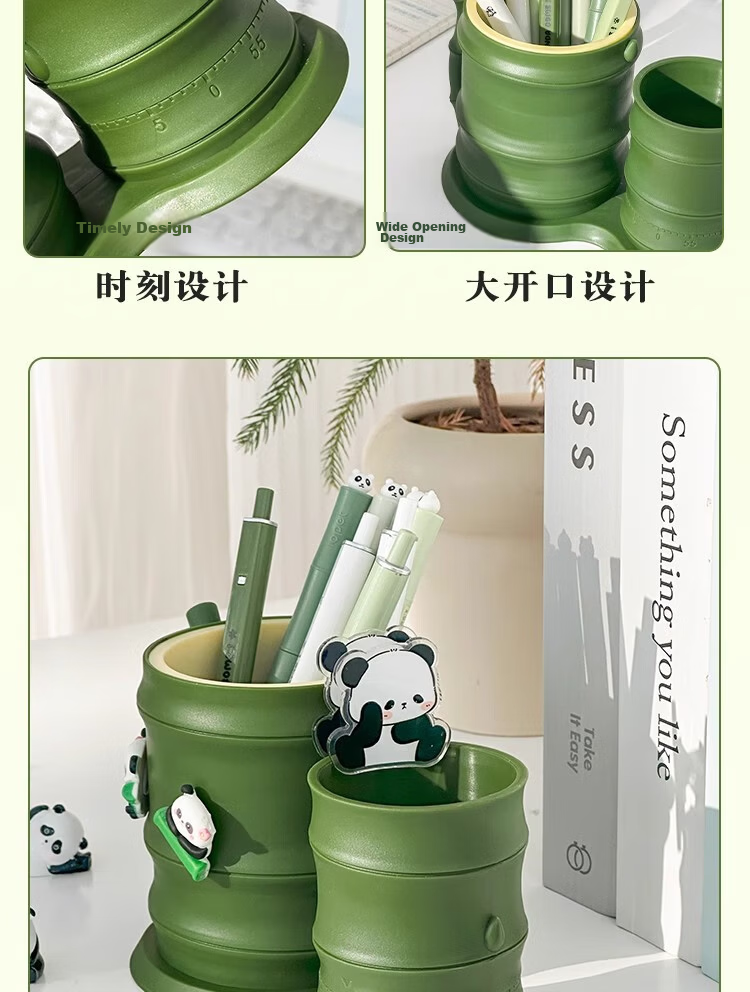 Youth Companion 360° Rotating Pen Holder Desktop Ornament Essential Back-to-School Kids Office Desk Organizer Creative Cute Panda Bamboo Timer Model with Timing Function 9