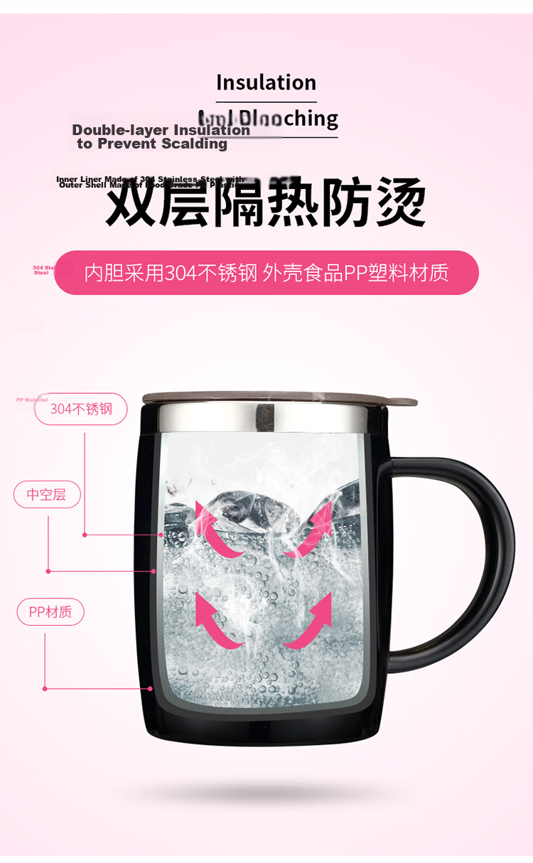 SNOOPY Stainless Steel Insulated Office Mug with Handle 420ML Cute Couple Cup DP-5002R Pink 3