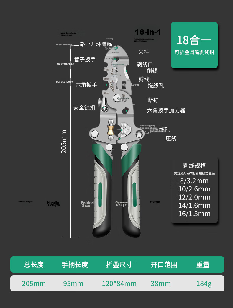 Baolian 16-in-1 Multifunctional Wire Stripper Pliers Electrician Wire Pulling and Cutting Pliers Wire Twisting and Crimping Tool 15