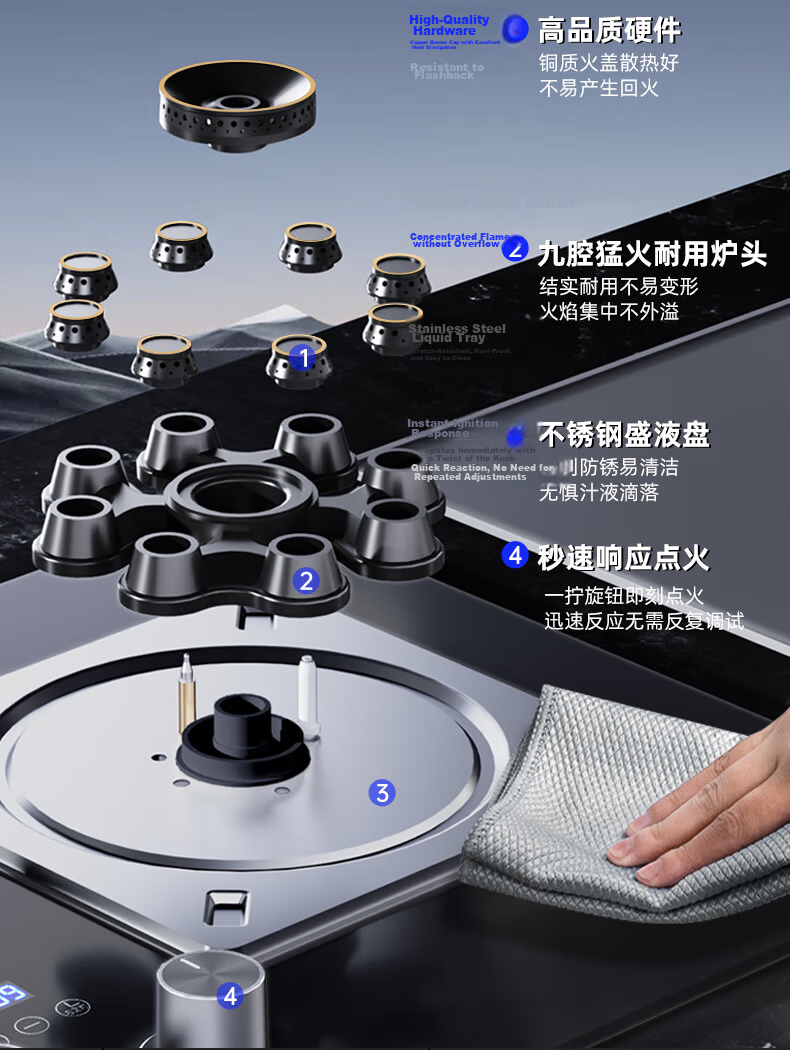 Royalstar Gas Stove Natural Gas Double Burner 5.2kW Built-in Countertop Cooker One-Key Stir-Fry Dual-Side Timer JZT-B52-A (Natural Gas) 24