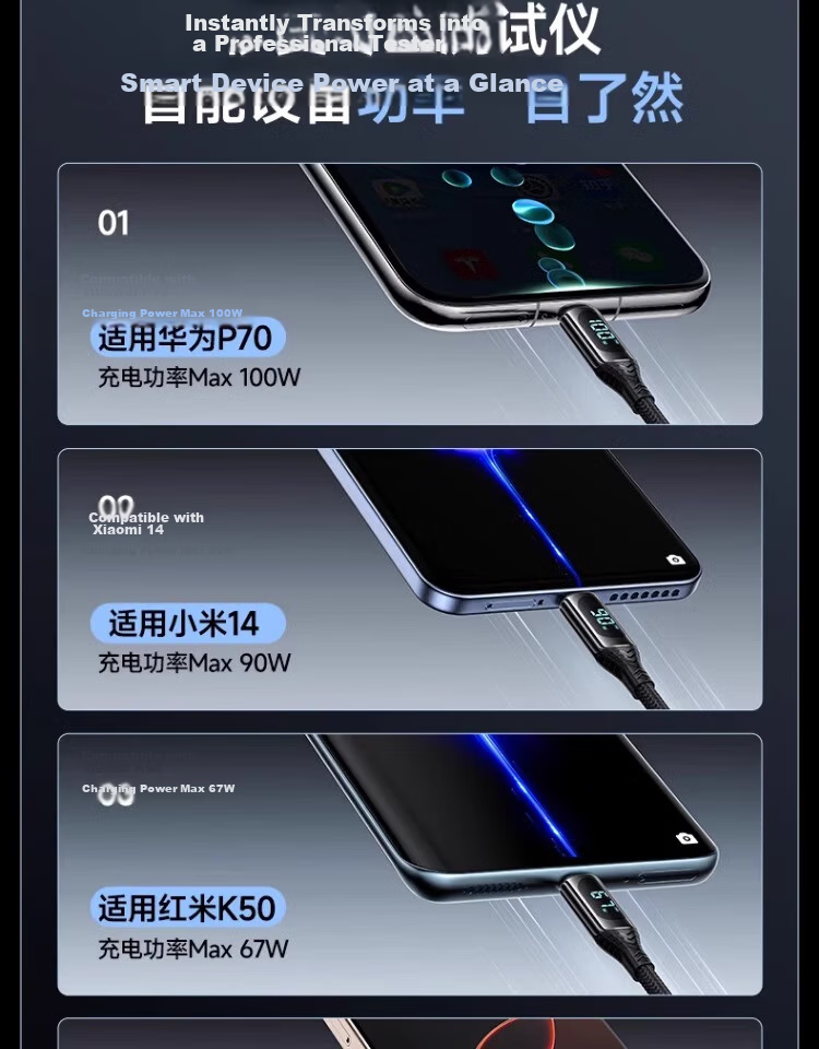 Nengshi Type-C Data Cable, 60W Charging Cord, Digital Display Fast Charging, Suitable for Huawei Mate70/50/P60, Honor, Xiaomi 15 Ultra Tablet, USB Car Charger Cable, 1 Meter 2