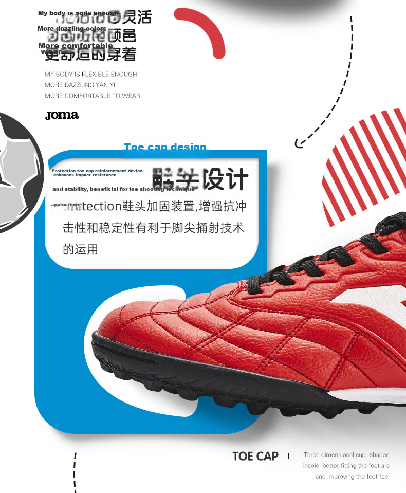 JOMA Soccer Shoes for Children, TF Turf Cleats for Boys And Girls, Youth And Elementary School Students, Non-Slip Wear-Resistant Football Training Shoes, White And Red, Size 34 3