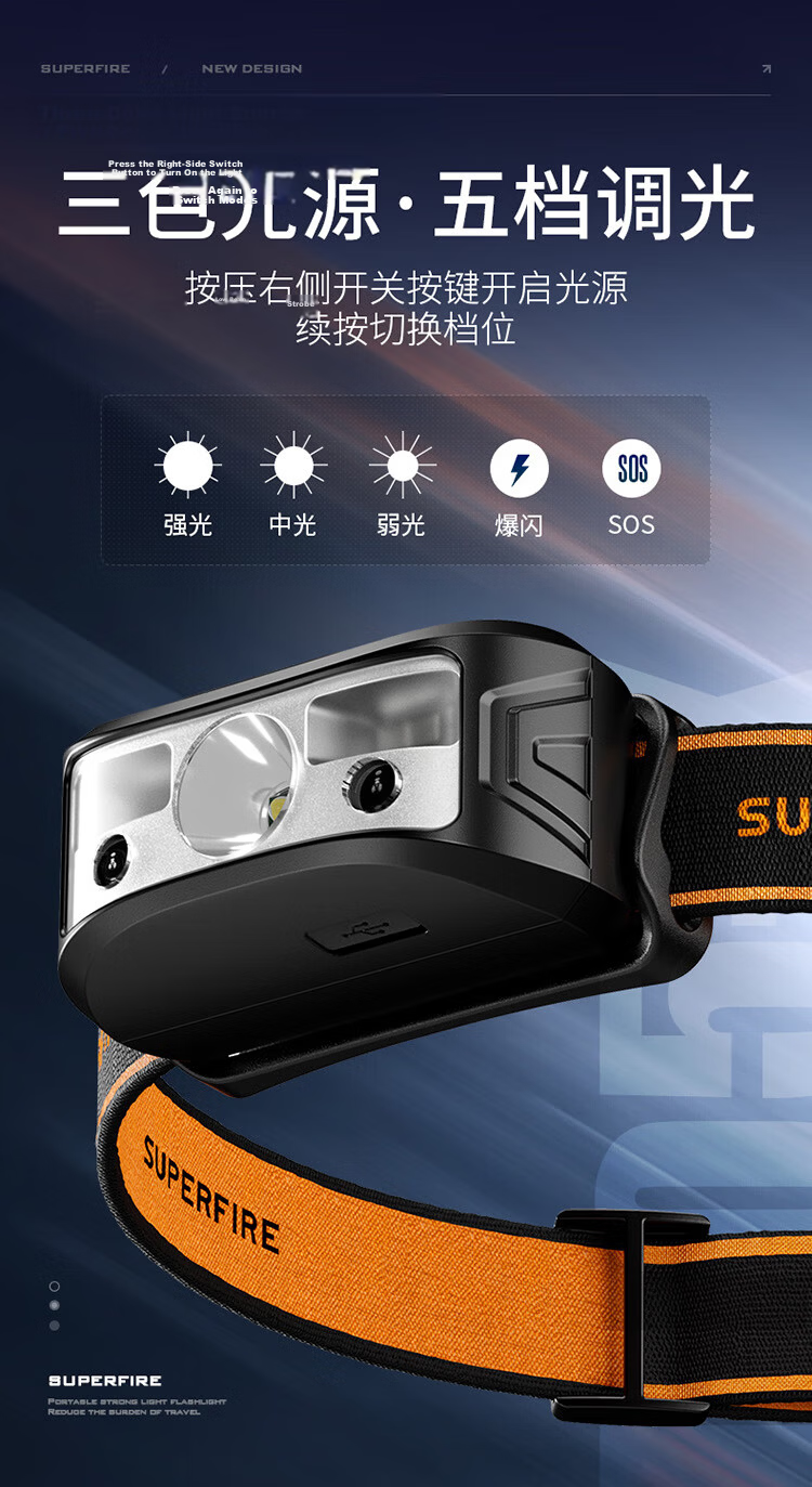 SupFire HY02 High-Power LED Rechargeable Waterproof Headlamp High-Endurance Outdoor Fishing Light 5