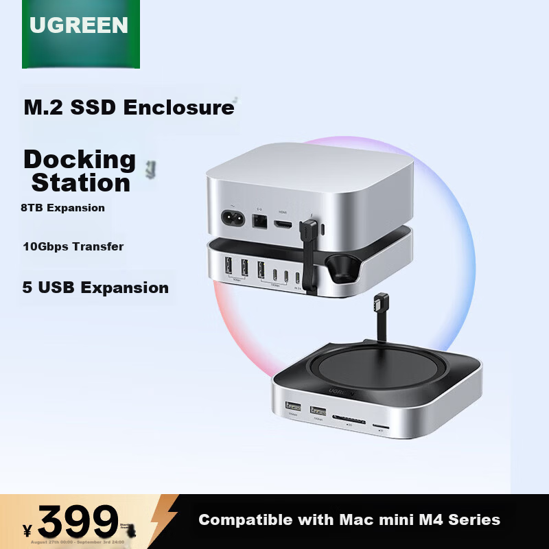UGREEN Mac mini M6 Docking Station M.2 SSD Enclosure 8TB Expansion 10Gbps Transmission Compatible with M5Pro/M4 Series Apple Thunderbolt 4/5 Desktop