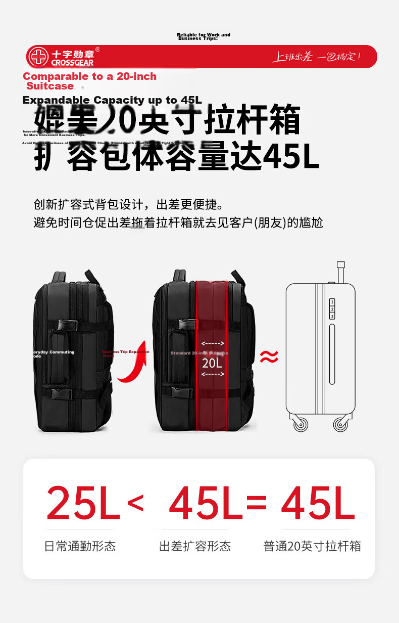 CROSSGEAR Cross Medal Swiss Army Knife Backpack Business Travel Bag for Men 17.3-inch Laptop Expandable Backpack 6